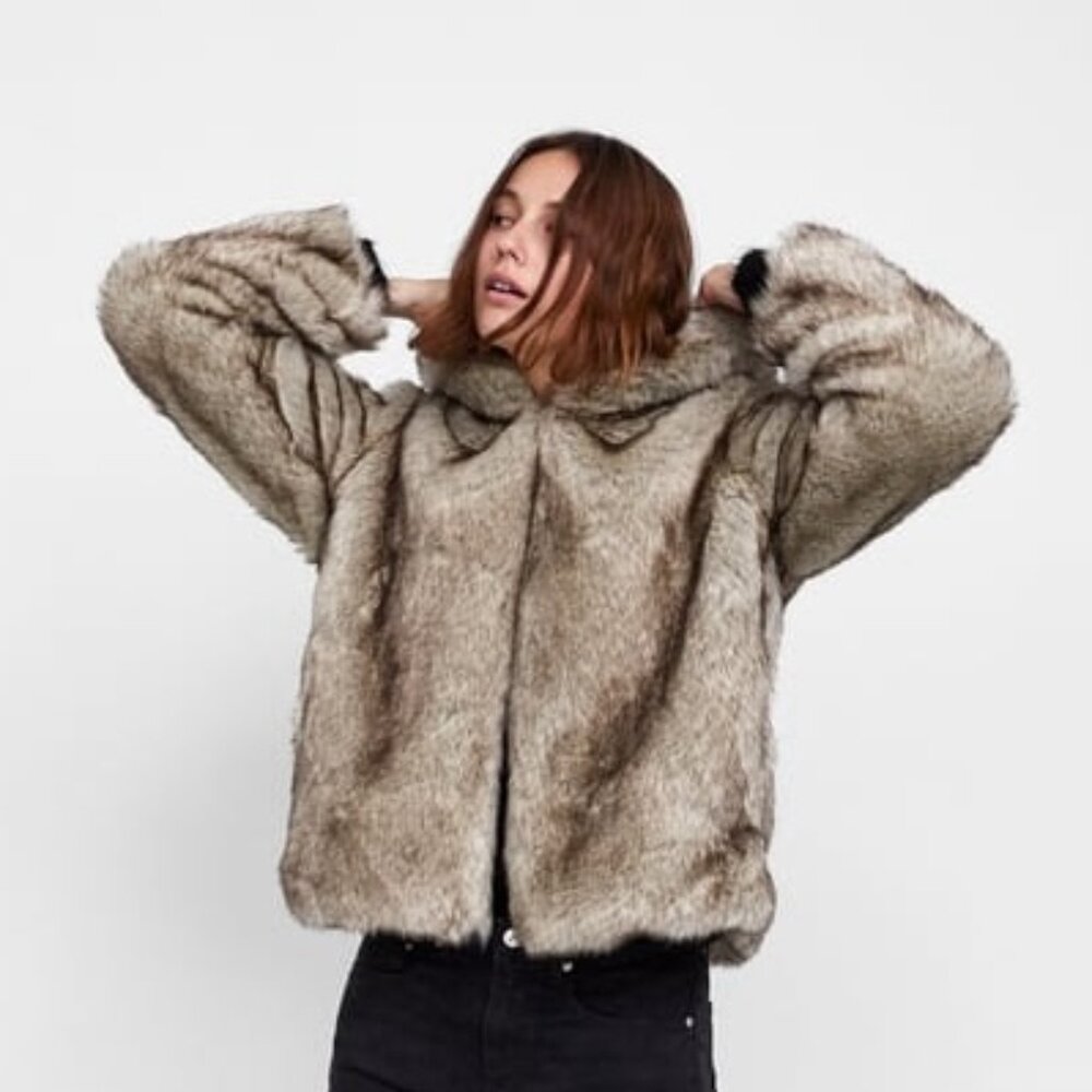 Zara Faux Fur Coat with Hood, Excellent Condition, size small